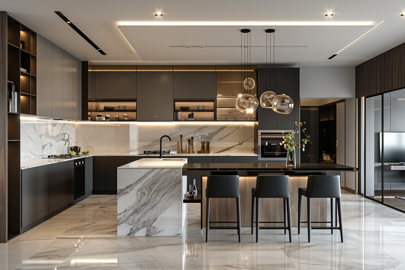 대형 아일랜드 주방을 중심으로 다섯 개의 공간이 펼쳐진 144제곱미터 구조에서 드레스룸과 팬트리 공간이 함께 배치된 실내 설계 장면