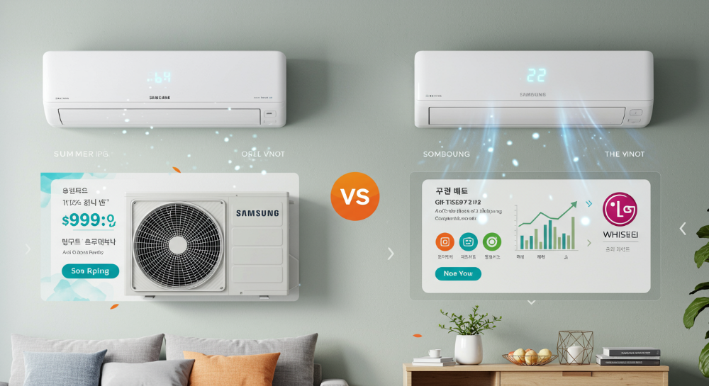 2025년 벽걸이 에어컨 구매 가이드: 삼성 무풍, LG 휘센 비교, 가격, 설치비, 전기세, 소음, A/S 정보 시각화