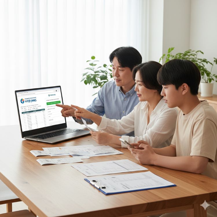 가족이 건강보험공단·홈택스 사이트에서 환급내역을 확인·신청하는 모습, 의료비 영수증·필수서류를 한 눈에 체크하는 장면