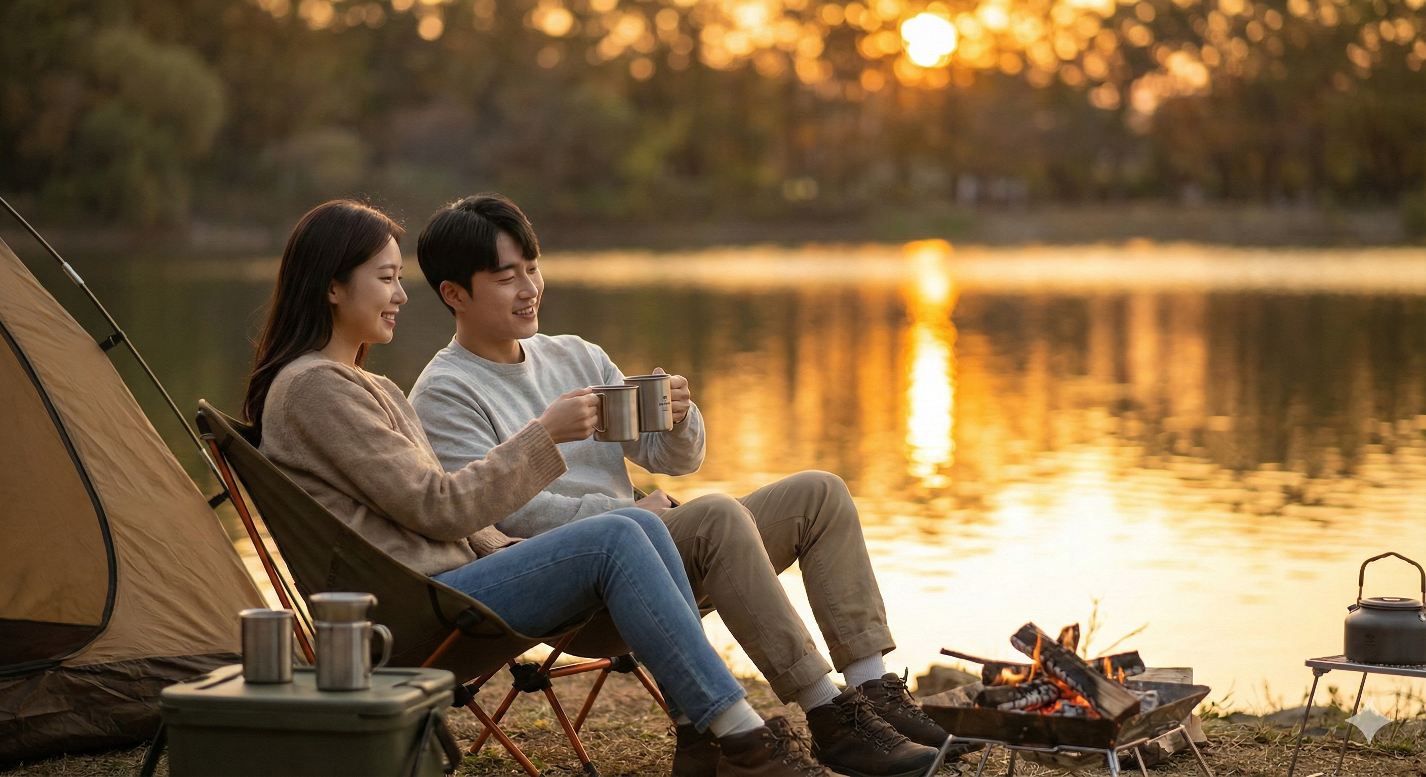 황금빛 노을이 지는 호수 가에서 여유롭게 휴식을 즐기는 청년들, 성공적인 자산 관리가 가져다준 평화로운 미래
