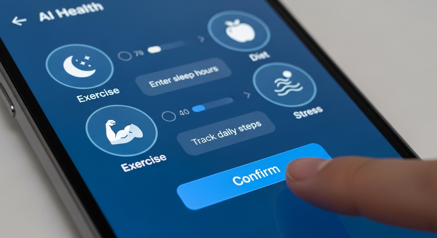 AI 건강 앱 설정 화면. 수면, 운동, 식단 등의 아이콘과 진행률 바가 보이며, 사용자가 '확인' 버튼을 누르는 모습. 사용자 친화적인 디지털 인터페이스.