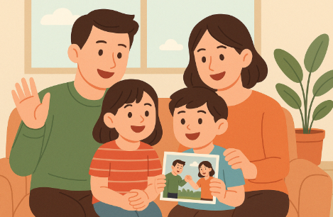 가족 사진을 들고 웃고 있는 가족의 모습