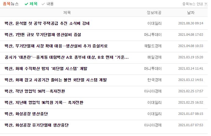 벽산 뉴스, 공시