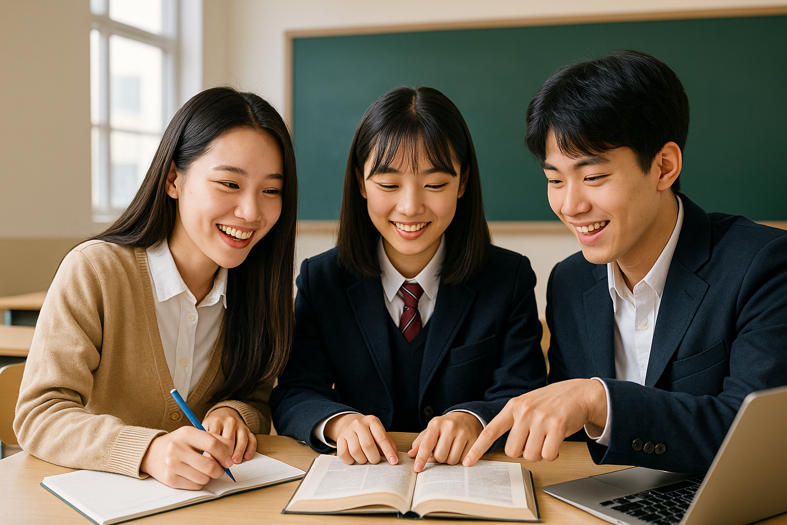 고등학생이 교사의 도움을 받아 학습계획과 수강신청을 설계하고 있다. 책상 위에는 학습 로드맵과 과목 선택표가 펼쳐져 있으며, 교사는 노트북을 보며 안내하고 있다.
