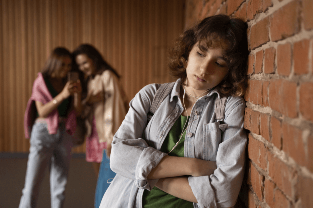 벽에 기대어 외롭게 있는 학생과&amp;#44; 뒤에서 수군거리는 또래들 &rarr; &ldquo;또래 관계 갈등과 따돌림으로 심리적 고립감을 느끼는 청소년&rdquo;