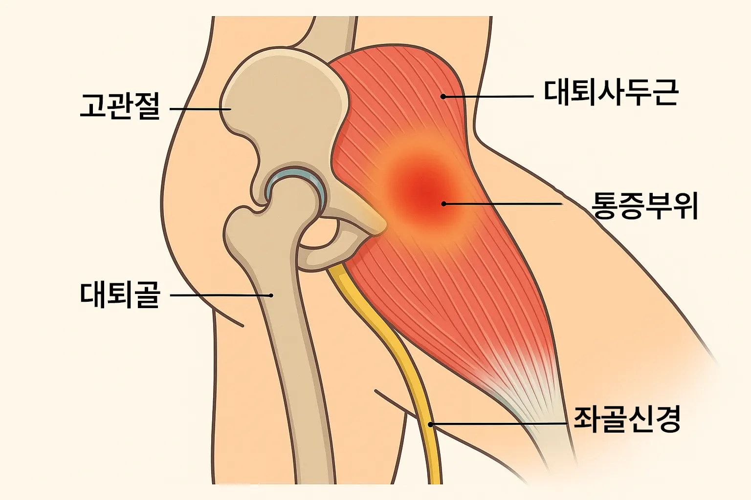 허벅지 통증과 해부학 구조(고관절, 대퇴사두근, 좌골신경 등)