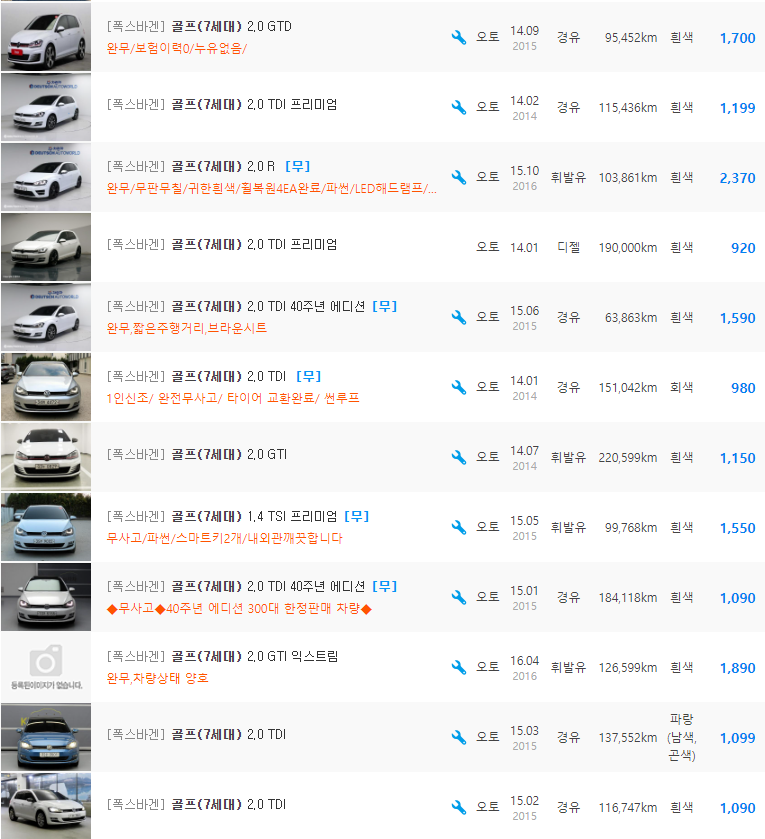 골프 7세대 등급 중고차 가격 : 650만원 ~ 3&#44;250만원