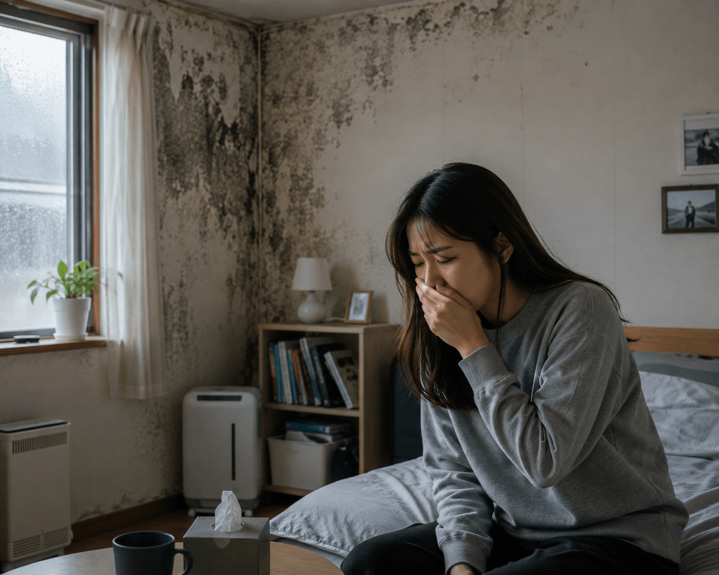 곰팡이가 있는 방에서 생활하는 모습
