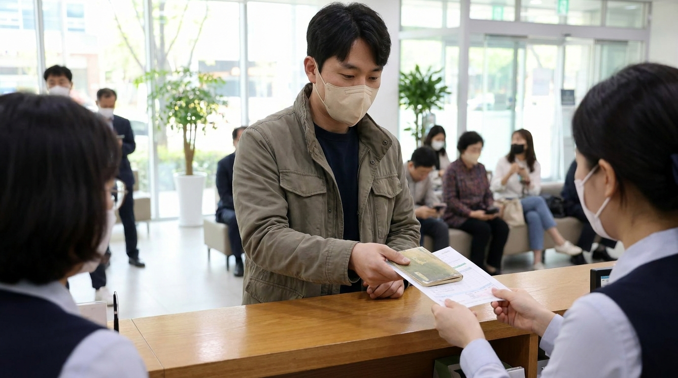은행 창구에서 통장 서류 제출
