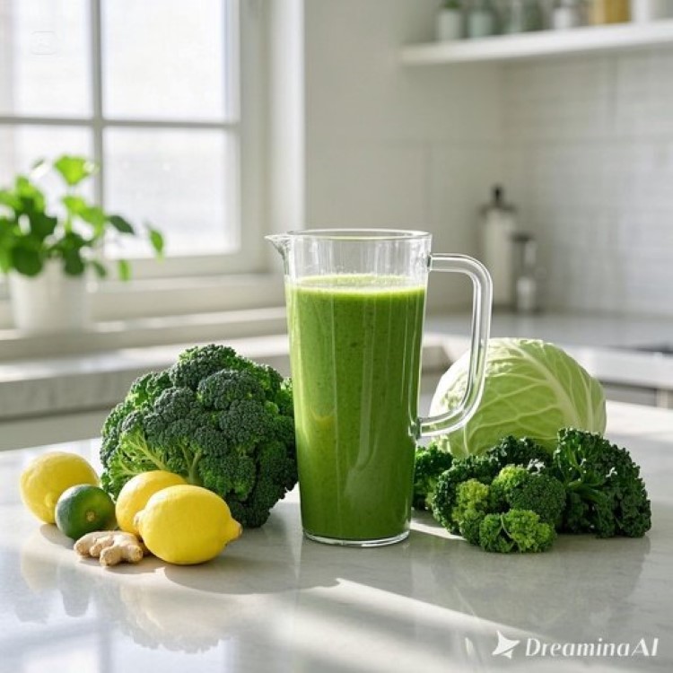 신선한 녹색 채소들(브로콜리, 케일, 양배추)이 아름답게 배치된 깔끔한 주방 카운터. 투명한 블렌더에서 만들어지고 있는 초록색 라이블리 스무디와 함께 레몬, 생강 등이 자연스럽게 놓여있고, 배경에는 밝은 자연광이 들어오는 창문. 건강하고 생기 넘치는 라이프스타일을 상징하는 미니멀하면서도 따뜻한 느낌의 이미지.