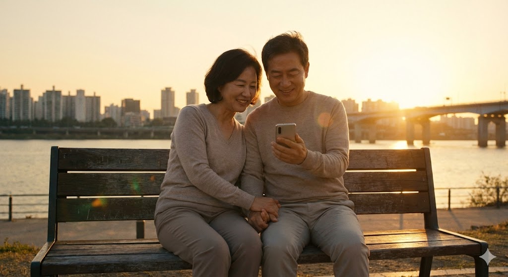 노을 지는 강변에서 배우자와 함께 평온하게 대화하며 입금 알림을 확인하는 50대 부부의 따뜻한 모습