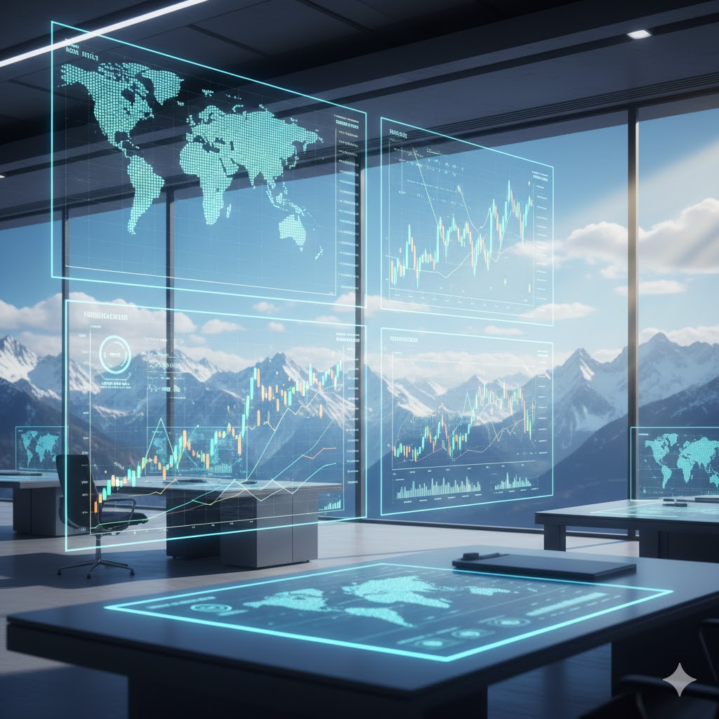 A futuristic trading room overlooking the Swiss Alps, with holographic displays of global economic data and financial trends.