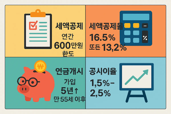 DB손해보험 연금보험 세액공제 한도, 세액공제율, 연금개시 조건 및 공시이율 범위를 알기 쉽게 정리한 인포그래픽 이미지입니다.