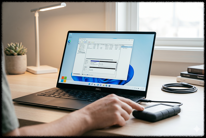 디스크 관리에서 외장하드 상태를 확인하는 모습