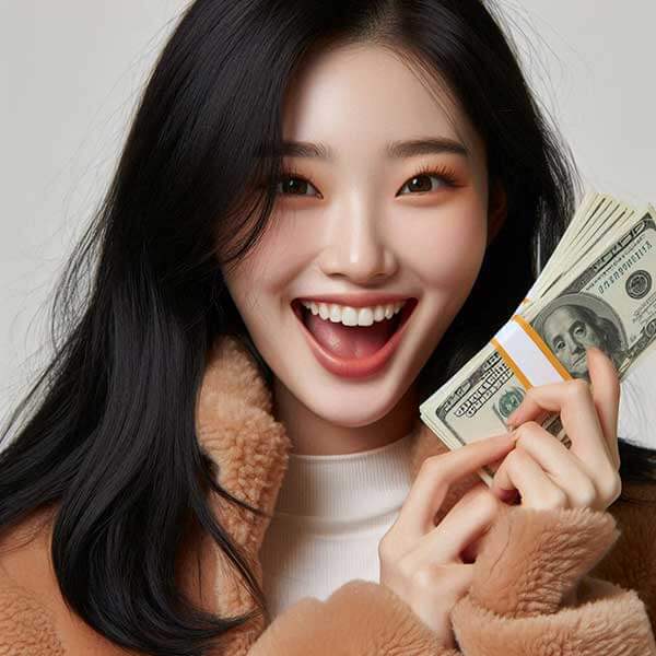 많은 돈을 들고 기뻐하는 여성 이미지