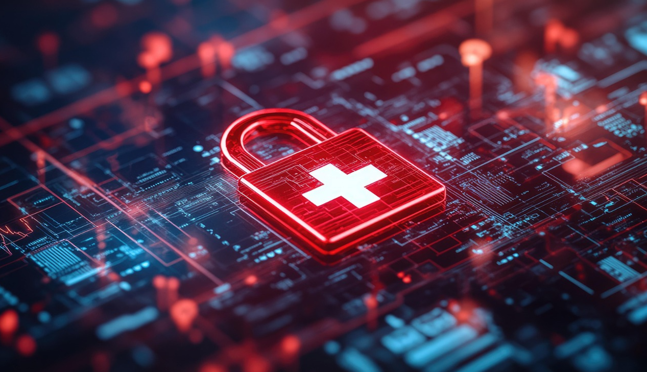 프로그램 코드 위에 병원을 상징하는 자물쇠가 그려져 있다