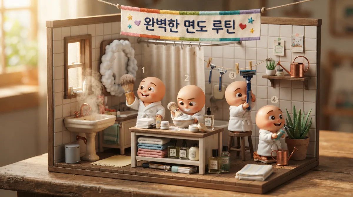 따뜻한 물 세안, 쉐이빙 폼 거품, 다중날 면도, 알로에 진정까지의 완벽한 면도 루틴을 보여주는 미니어처 욕실 디오라마