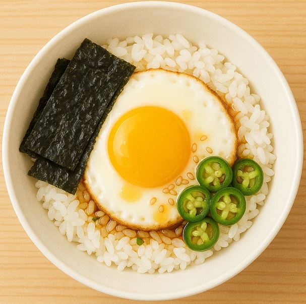밥위에 계란과 김, 청양고추, 통깨, 간장이 올라가 있는 계란간장밥 한그릇이 있다.