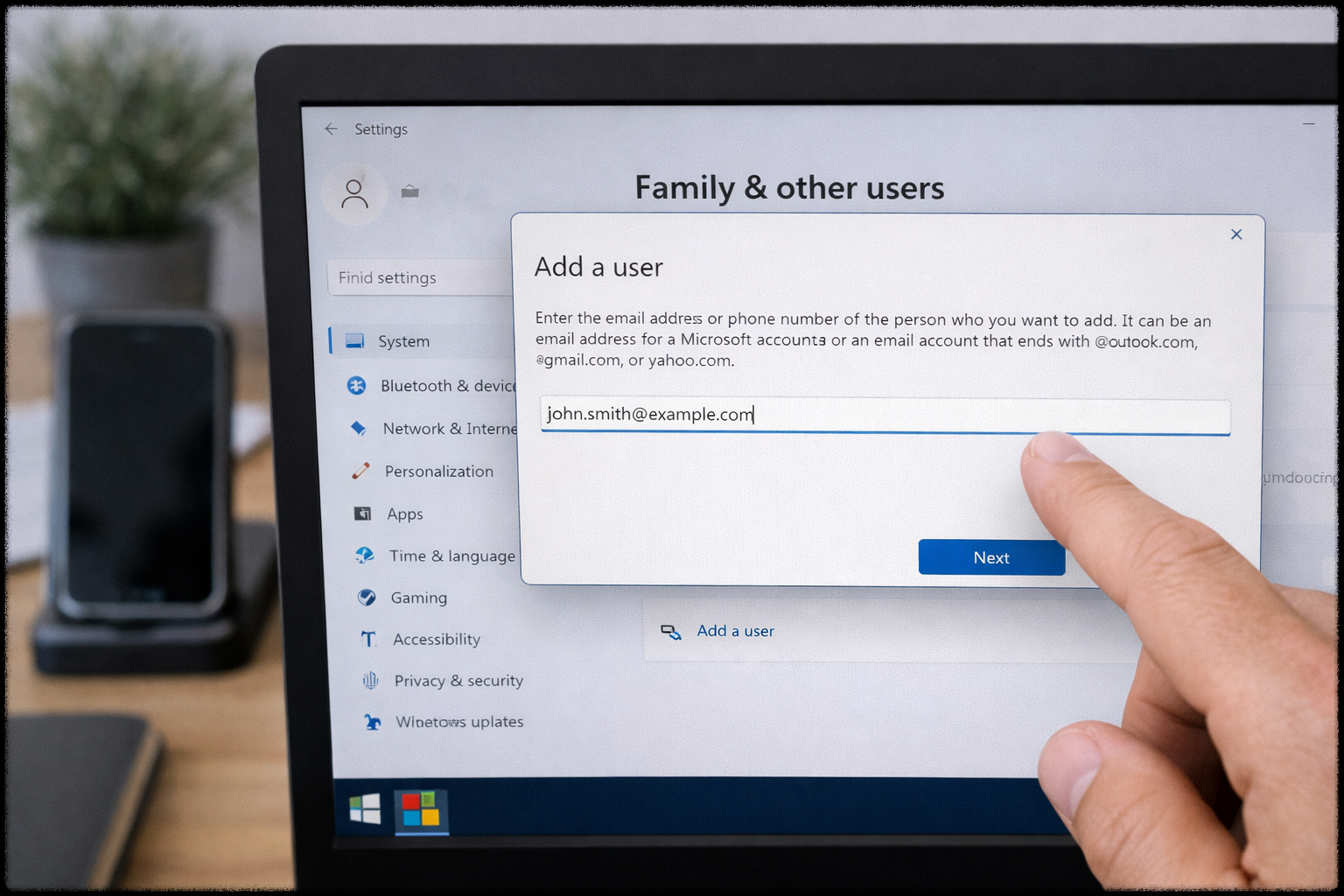 윈도우에서 새로운 사용자 계정을 추가하는 모습