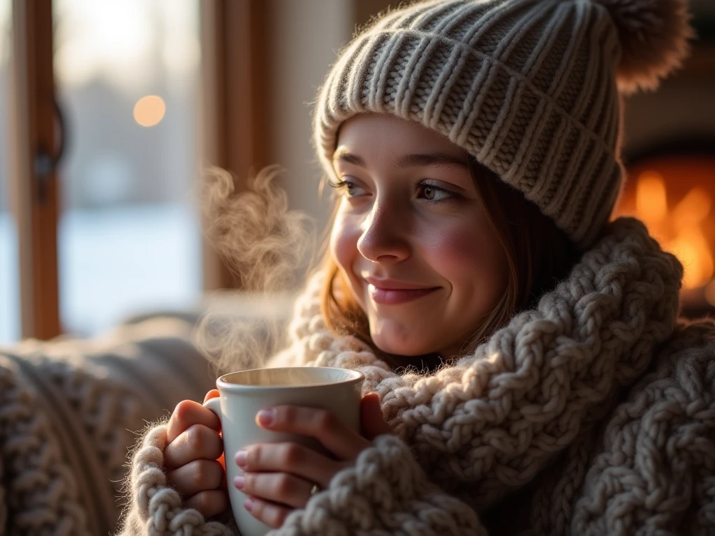 감기를 낫기위해 따듯하게 마시는 여자 이미지