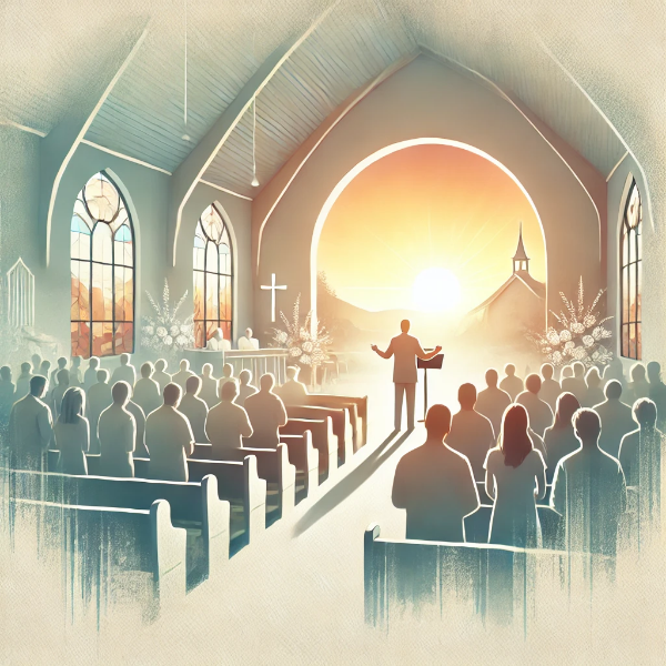신년 예배 중의 평화로운 교회 모습