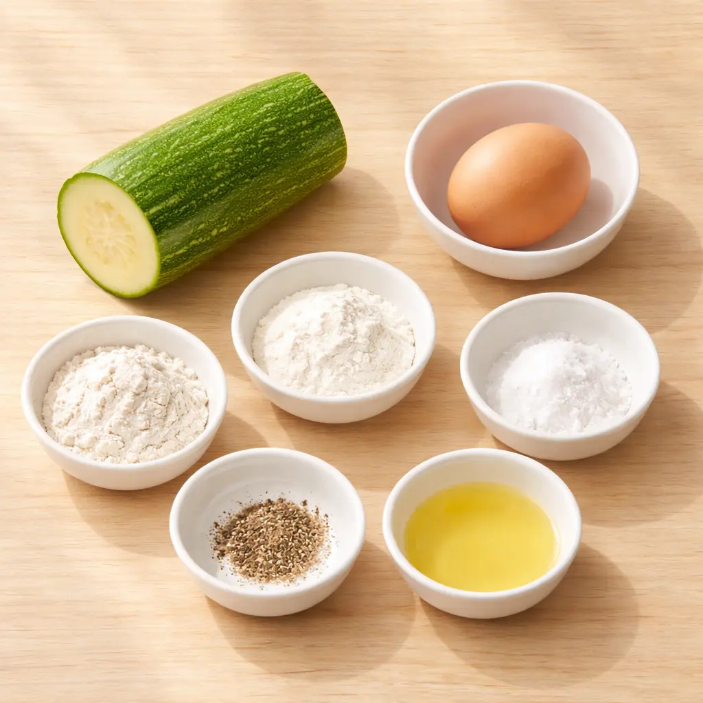 애호박전 재료(애호박, 달걀, 가루류, 소금, 후추, 기름)가 정리된 사진