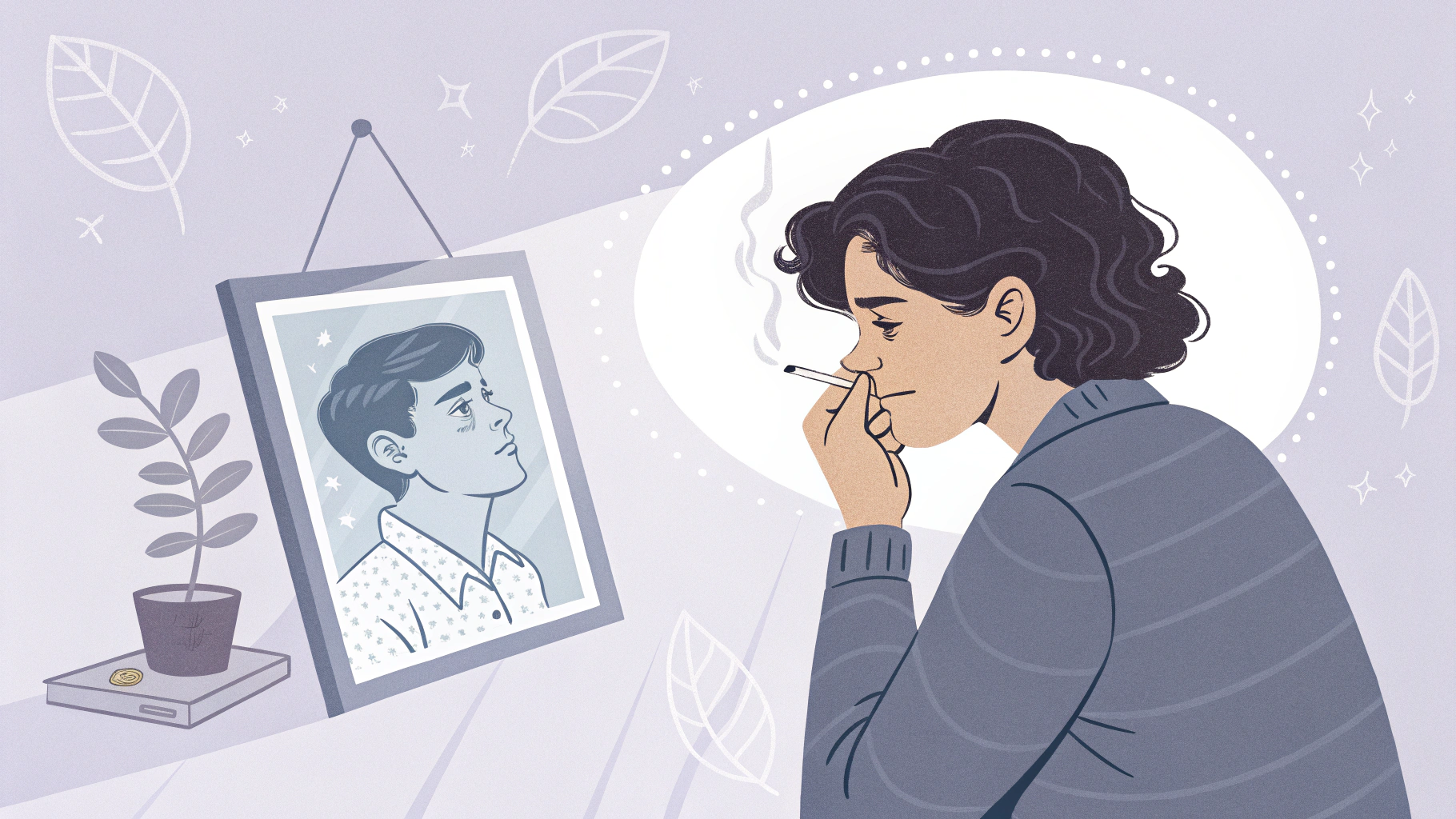 자신의 영정 사진을 바라보면서 답배를 피고 있는 모습의 이미지