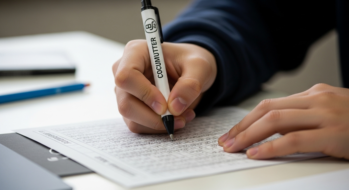 수험생이 컴퓨터용 사인펜으로 OMR 답안지를 신중하게 작성하는 모습.