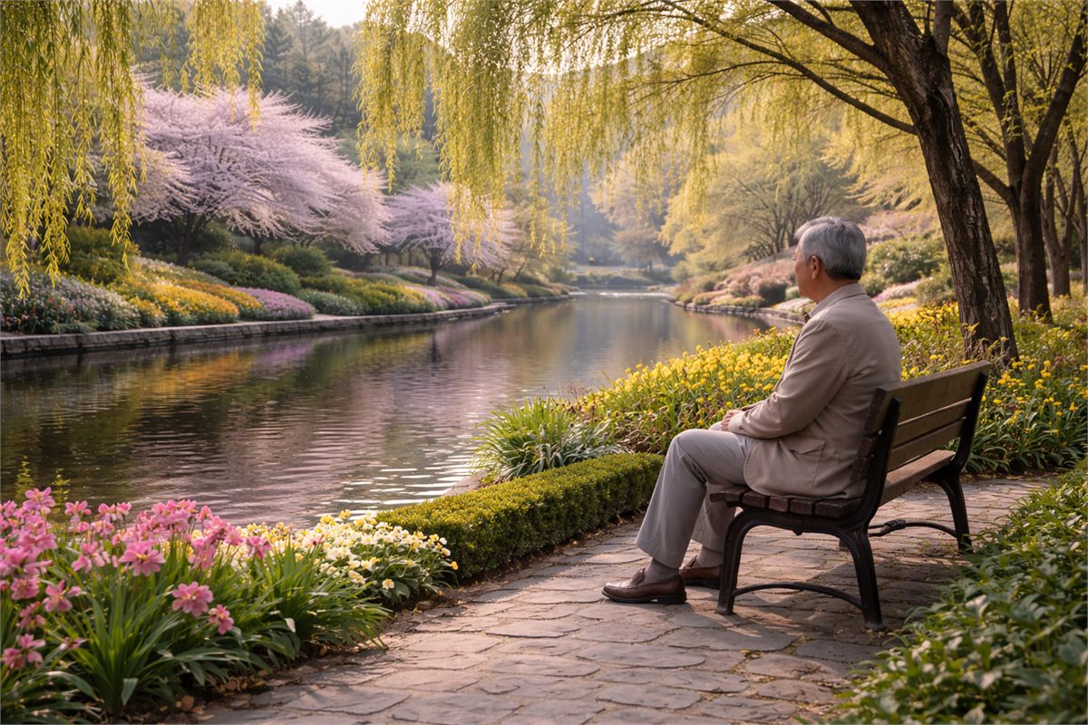 수목원 벤치에서 쉬는 한국인 시니어의 평온한 나들이 모습 