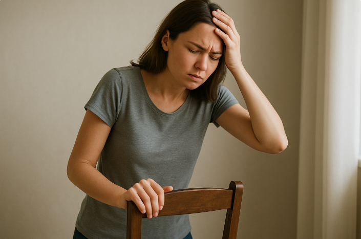 어지러워서 의자를 잡고 기대어 있는 여자 사진