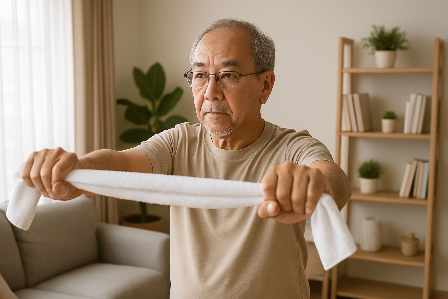 수건을 양손으로 잡고 팔을 펴서 저항 운동을 하는 시니어, 상체 근력 강화를 위한 수건 운동법