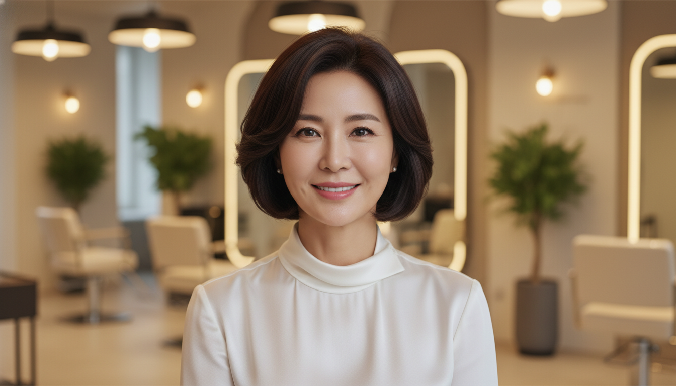 우아한 김희애 스타일의 볼륨감 있는 숏컷 단발을 한 4050 중년 여성의 모습