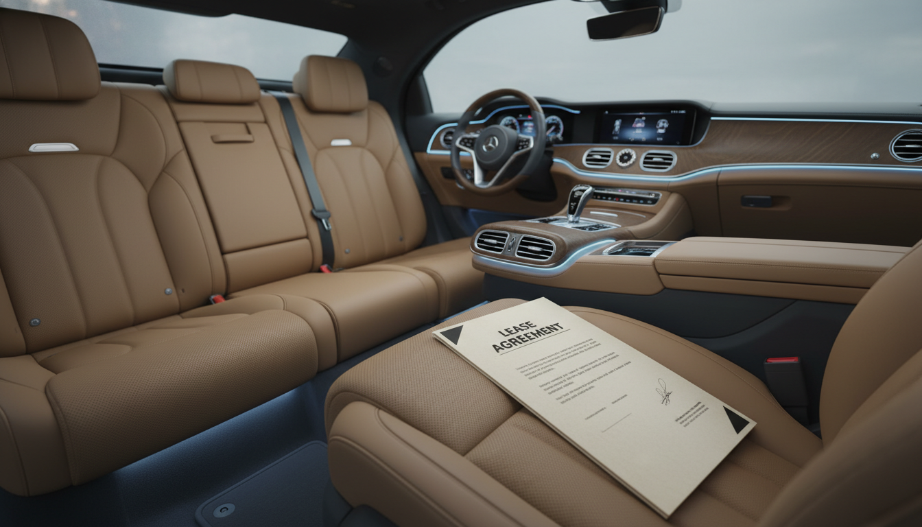 고급스러운 가죽 시트와 넓은 실내 공간, 장기렌트 계약서가 놓여있는 그랜저 하이브리드의 프리미엄 내부 공간