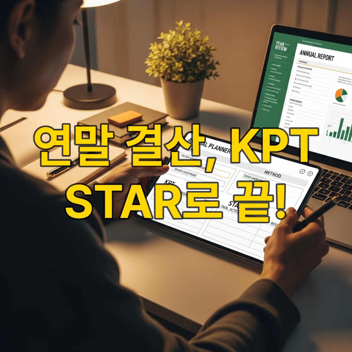 차분한 분위기 속에서 KPT와 STAR 기법으로 2025년 연말 결산을 하는 사람의 모습. 계획적인 자기 성찰과 미래 목표 설정을 상징합니다.