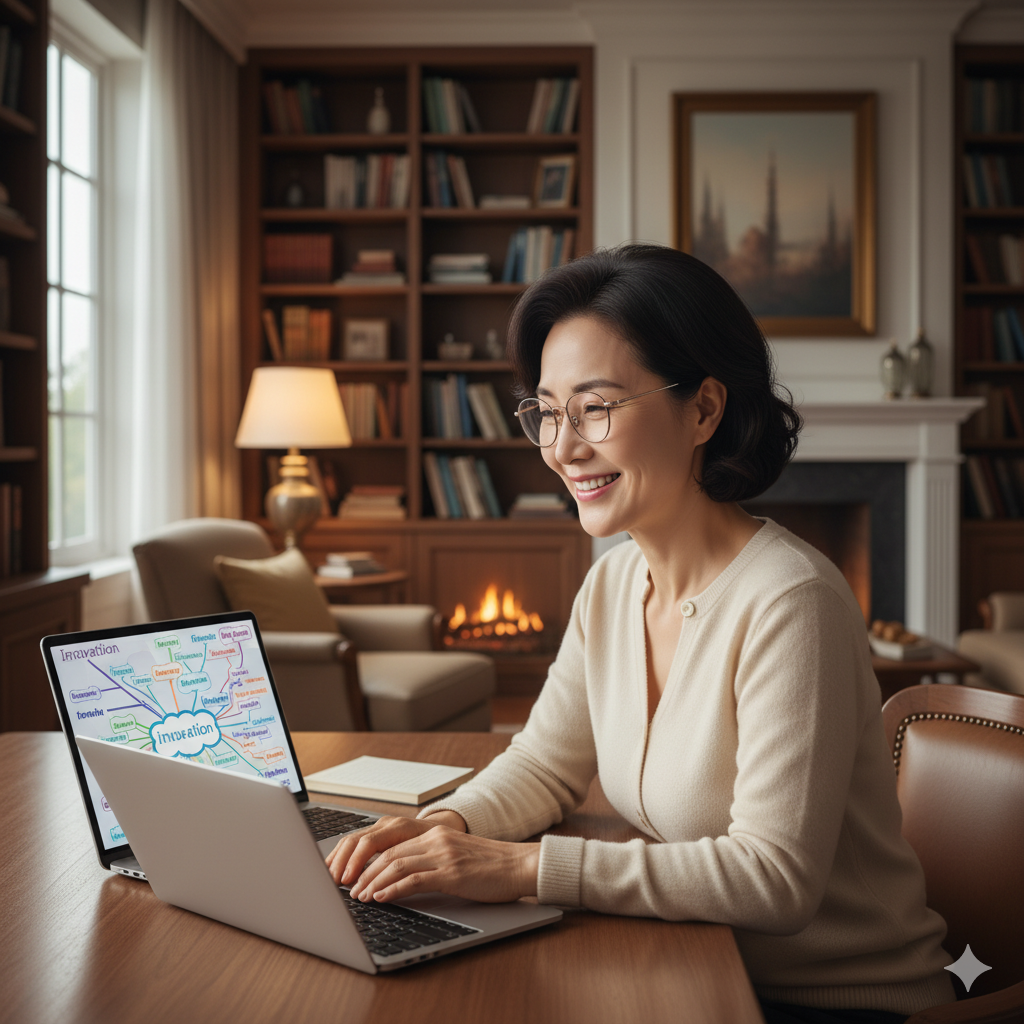 노트북 화면의 키워드 마인드맵을 보며 만족스럽게 미소 짓는 50대 여성