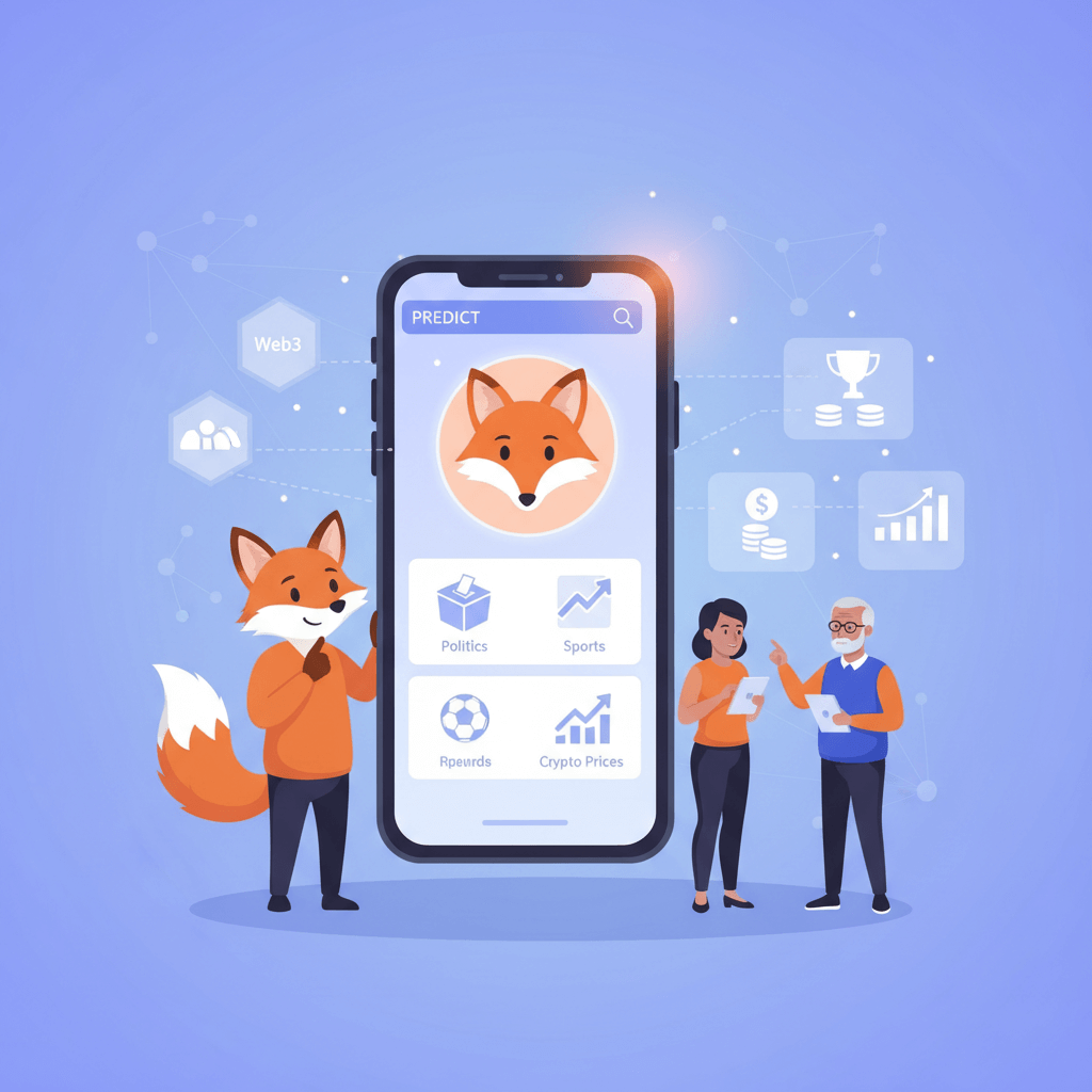 여우 캐릭터가 있는 웹3 예측 앱 화면에 정치, 스포츠, 보상, 암호화폐 예측 카테고리가 보인다. 옆에선 남녀가 태블릿으로 데이터를 확인하며 토론 중이다. 금융 성장 관련 아이콘들이 배경에 떠있다