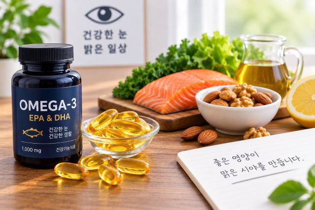 오메가 3 EPA DHA 보충제와 연어 견과류 등 오메가 3 식품
