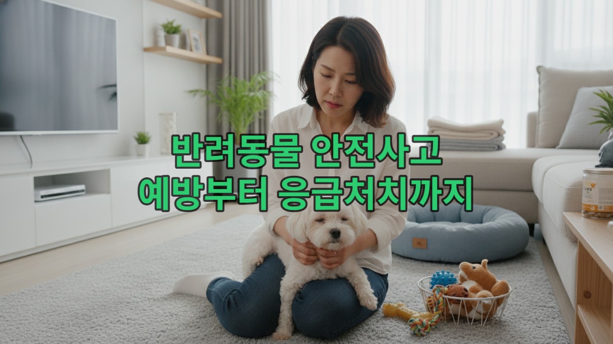 반려동물이 지쳐 보여 걱정스러운 표정으로 보살피는 젊은 한국 여성 보호자의 모습. 가정 내 반려동물 안전사고 대비의 중요성을 상징.