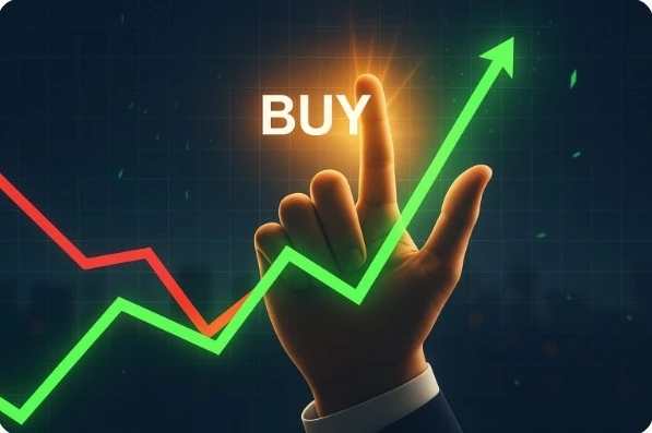 손가락으로 매수 신호를 가리키며 주가가 반등하는 장면