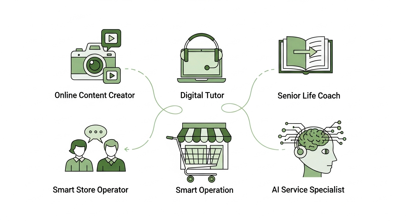 온라인 콘텐츠 크리에이터, 디지털 튜터, 시니어 라이프 코치, 스마트 스토어 운영자, AI 서비스 전문가 등 5가지 스마트 직업을 상징하는 아이콘과 연결된 현대적인 인포그래픽.
