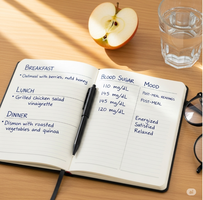 책상 위에 펼쳐진 식사일기 노트. 아침, 점심, 저녁 식단과 함께 식후 혈당 수치, 그리고 간단한 기분 메모가 꼼꼼하게 적혀 있다