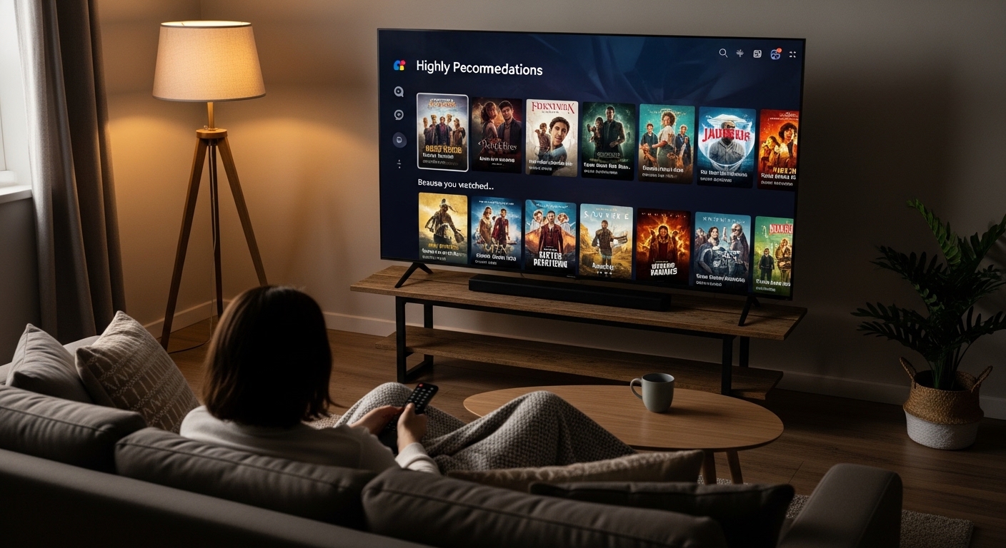 편안한 거실에서 스트리밍 서비스의 맞춤형 영화 추천을 보며 휴식하는 사람