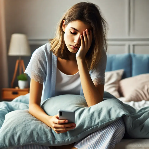 침대에 앉아 피곤한 표정으로 눈을 비비며 휴대폰을 든 젊은 여성의 수면 부족 암시 초고해상도 사진