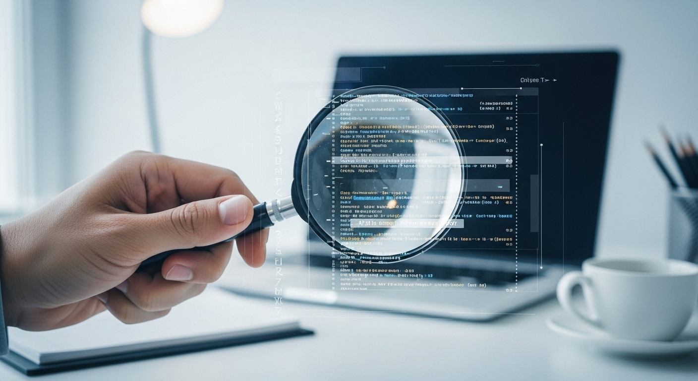 사람이 돋보기로 AI 글쓰기 텍스트를 검증하는 모습