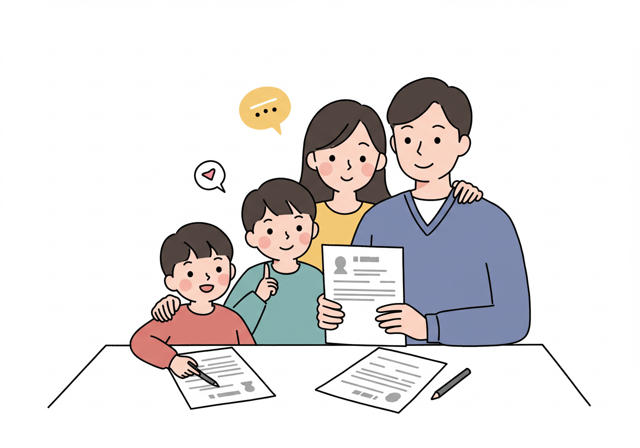 책상에 앉아 자녀장려금 신청 자격 서류를 엄마와 아빠 그리고 두명의 남자아이가 확인하고 있다