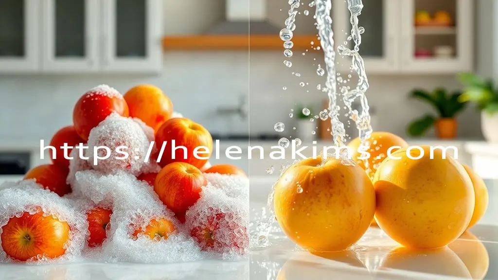 주방에서 베이킹소다와 흐르는 물에 과일을 세척하는 모습.