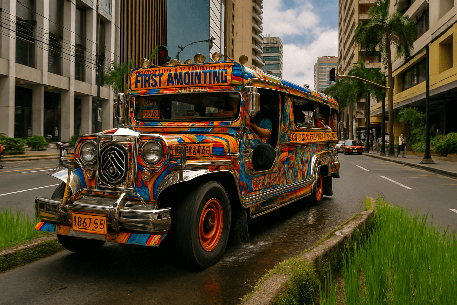 다채로운 색상과 독특한 장식으로 꾸며진 필리핀의 명물 지프니가 마닐라의 활기찬 거리를 달리는 모습. 필리핀여행의 상징적인 교통수단이다.