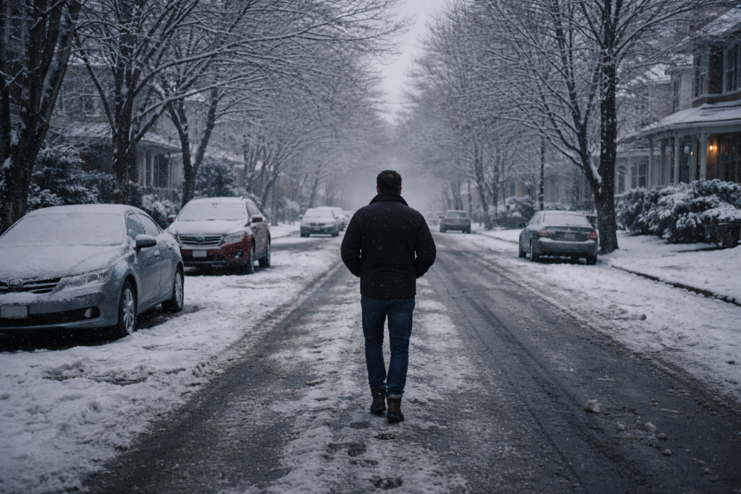 눈 쌓인 주택가 골목을 한 남자가 혼자 천천히 걸어가는 고요한 겨울 장면