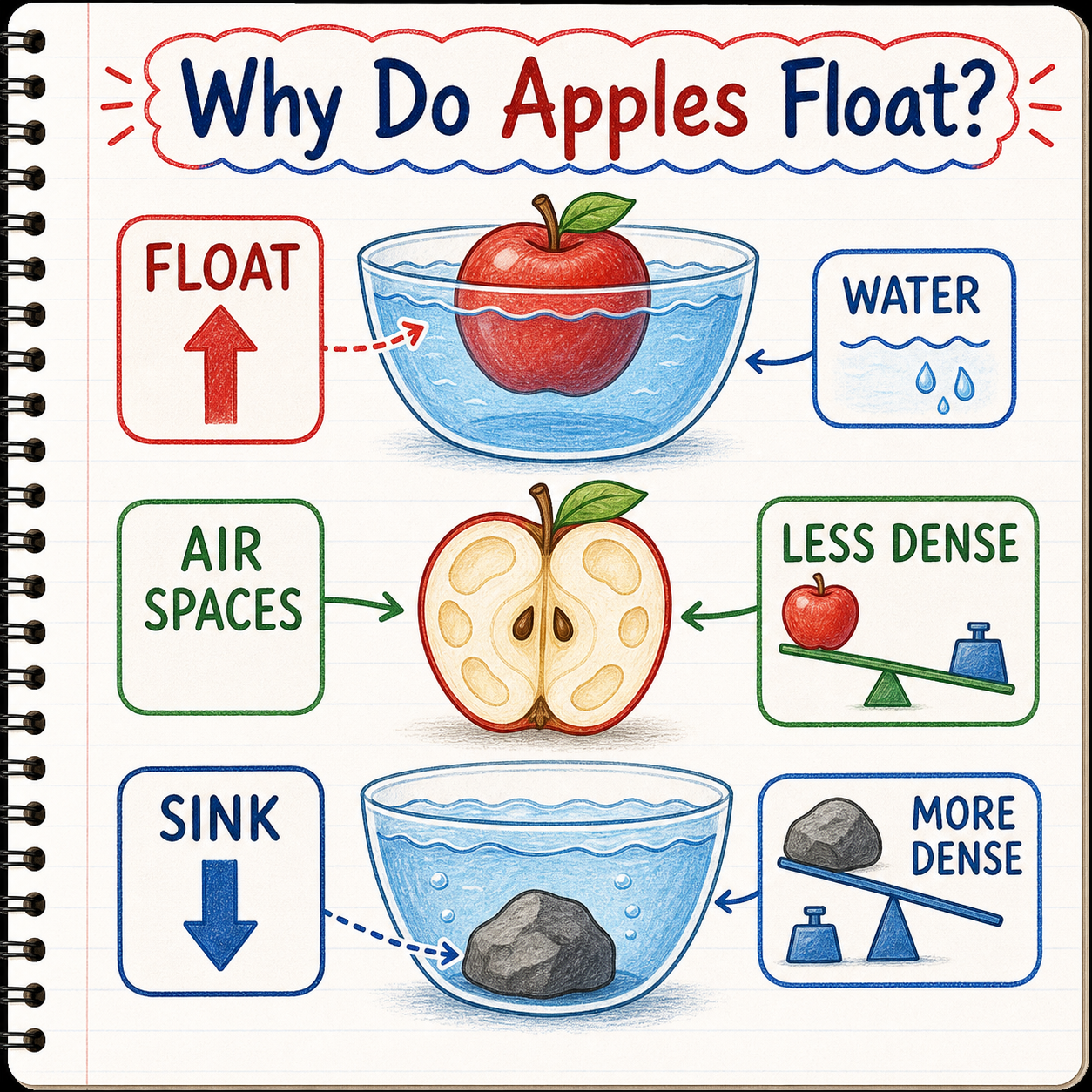 Infographic explaining apple, water, air spaces, density, floating, and sinking
