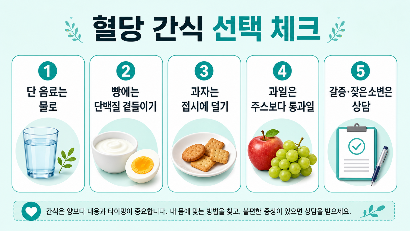단 음료와 빵, 과일 간식을 고르는 체크리스트